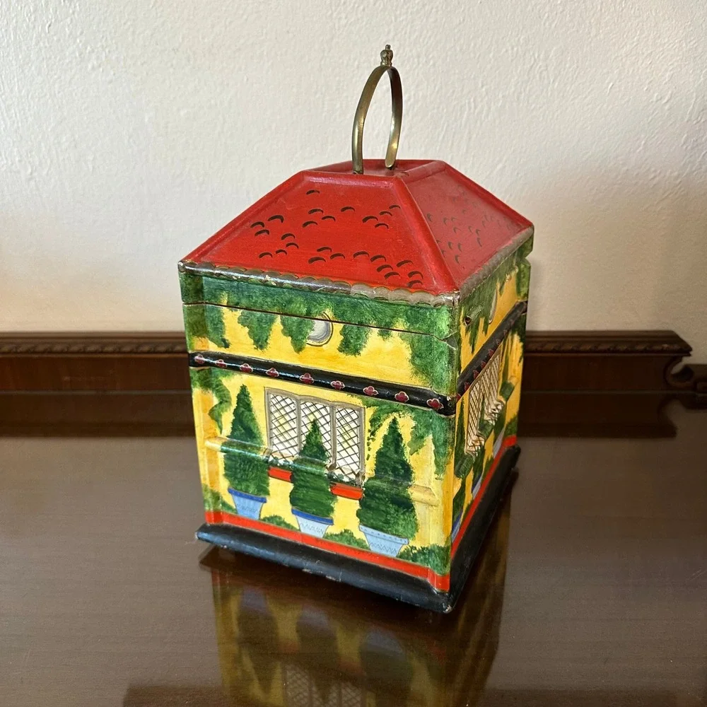Vtg Foreside Hand Painted Wood Cottage Jewelry Box House 2 Drawer India